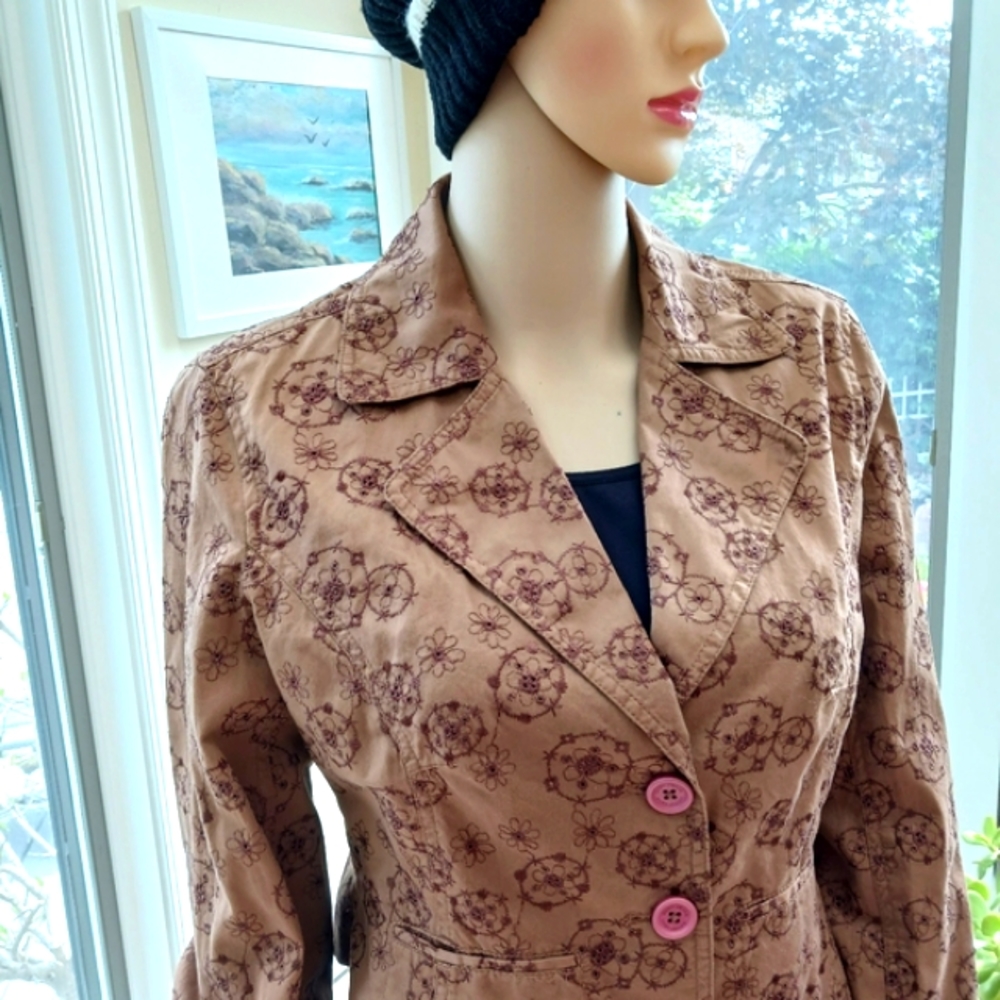 DKNY JEANS Light Brown Cotton Eyelet Notched Lapel Cropped Jacket Like N…